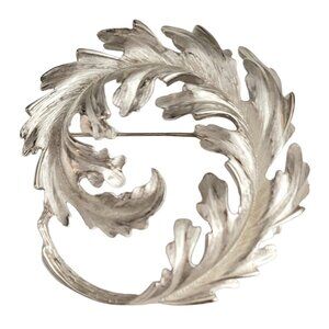 Monet Silver Tone Round Leaf Feathery Brooch Pin, Signed